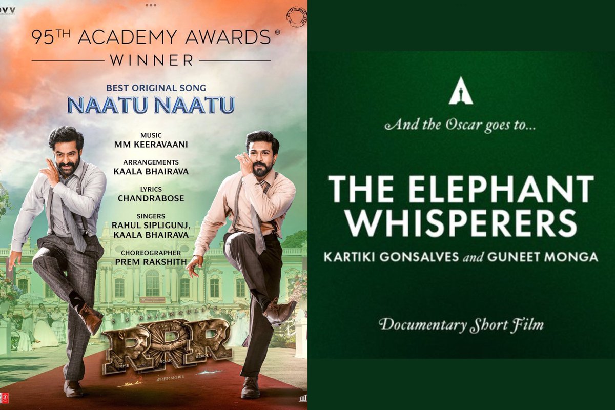 PROUD MOMENT FOR INDIA🇮🇳🇮🇳🇮🇳

The #NaatuNaatuSong from #RRR won #Oscars for the Best Original Song.

Indian movie #TheElephantWhisperers won ##Oscars2023 award for best Short Documentary produced by #GuneetMonga !

CONGRATULATIONS TO ALL!
 
#SSRajamouli #AcademyAwards  #Oscars95