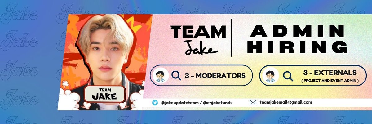 📢 [ ADMIN HIRING ] 

We are searching for active and dedicated individuals that will help us with #JAKE’s upcoming events and future activities ♥️

If you are interested, please fill in this form👇
📝 tinyurl.com/TeamJakeAdminH…

We are looking forward to working with new people! 😊