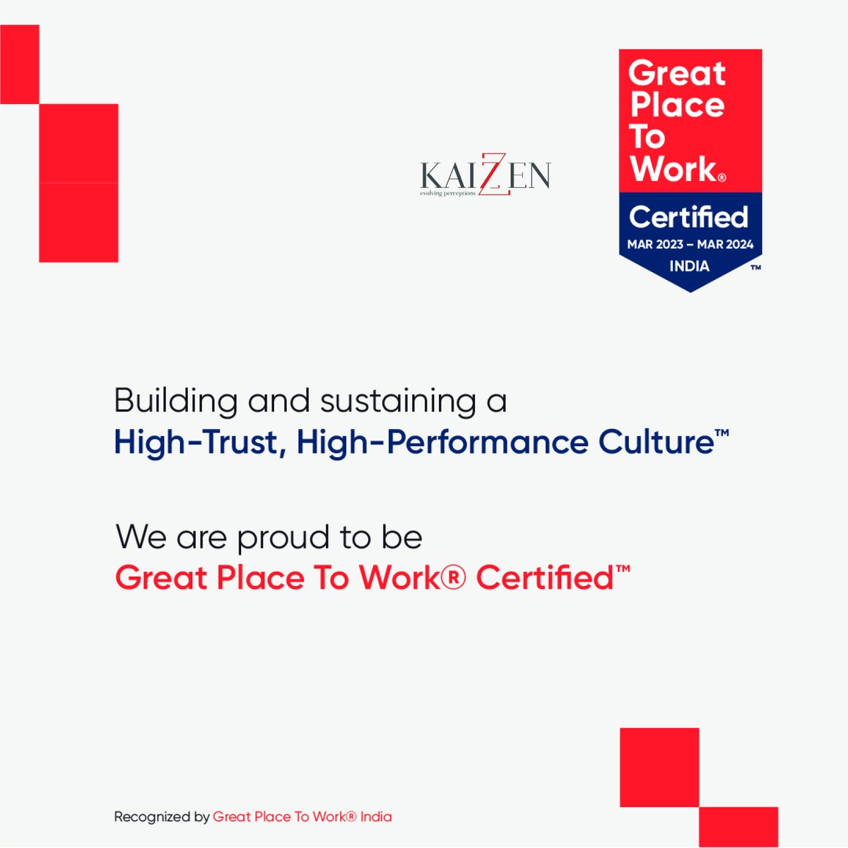 We are proud to announce #Kaizzen has received The #GreatPlaceToWork ®️ #Certification ™️. This is a testament to our commitment towards a positive inclusive workplace. We are #grateful to our #employees for hard work & dedication that helped us achieve this recognition.