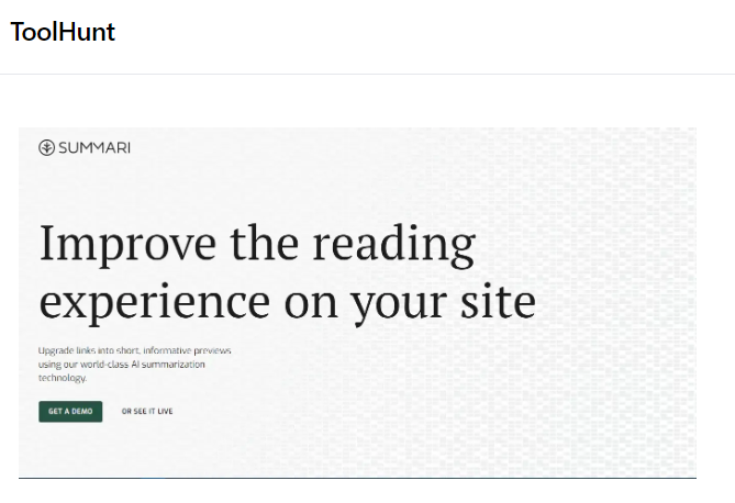 toolhunt_tech's tweet image. AI Tool 101 👇

🧠💡 Improve your website&apos;s reading experience with @getsummari  - the AI-powered tool that transforms links into short, informative previews. Encourage visitors to click through, engage more, and reduce bounce rates. #AI #WebsiteEnhancement