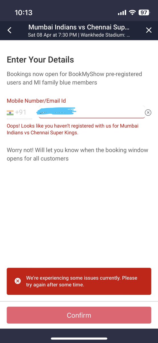 _gaurav_07's tweet photo. Hello @bookmyshow, I received a message last night that I’ll be able to book tickets today for #MI #IPL matches, but now it says that I haven’t registered for #MI v #CSK. https://t.co/qTW5v3enpc