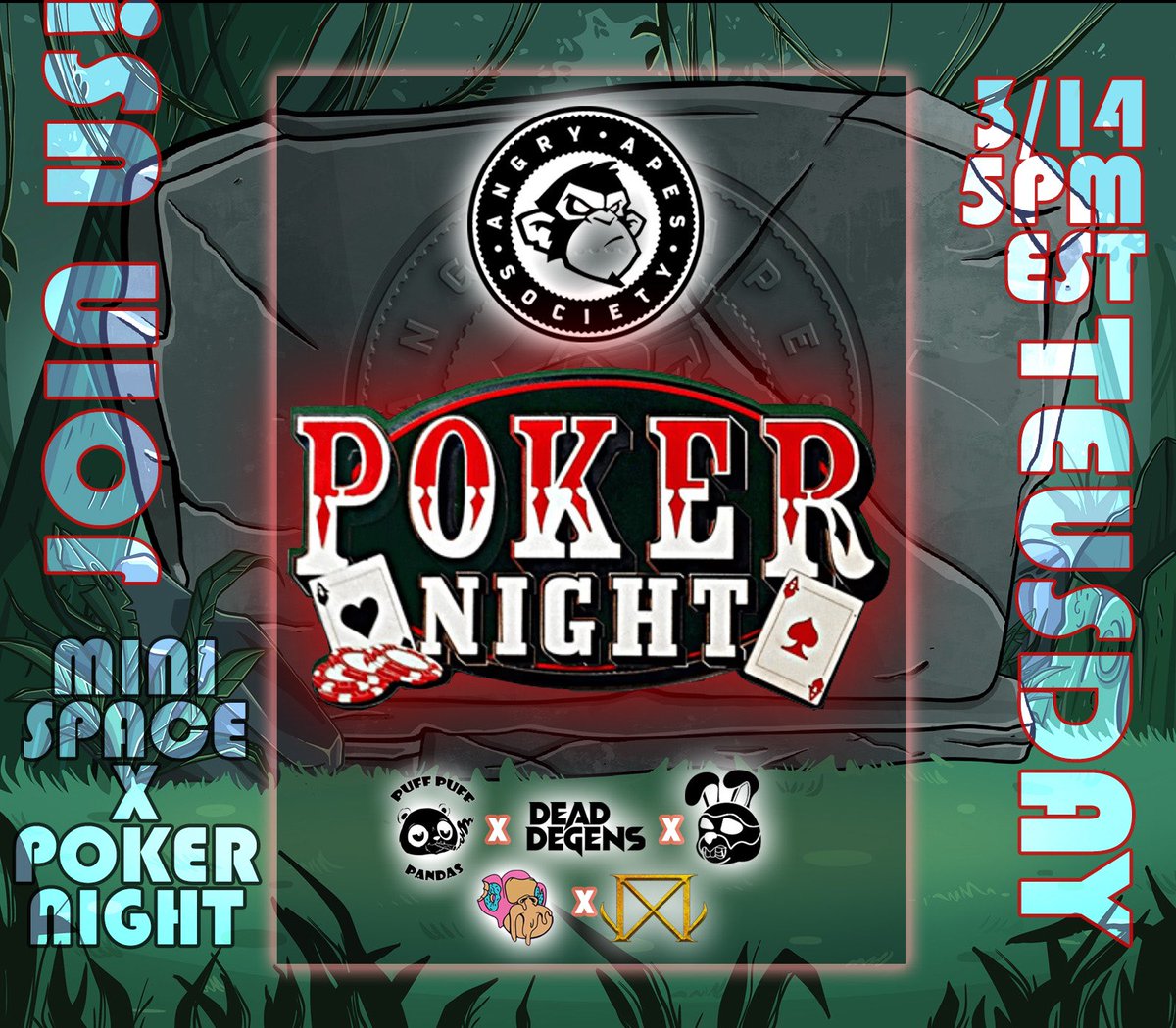 PROOWL_'s tweet photo. Join us for a MINI SPACE x POKER NIGHT
Tuesday 3/14 5pm est.
With
@puffpandas @AngryApesNFT @BTFDRabbits @FunApes_NFT @EternalsXYZ @DeadDegens_NFT
#minispace #pokernight #AngryApeSociety #AngryApesNFT #StayAngry https://t.co/S8kVovVvDX