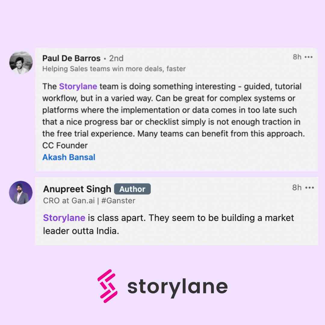storylaneio's tweet image. Our Monday is off to an incredible start, thanks to Paul De Barros and Anupreet Singh! ☀
Thank you, folks. Kind words like these keep us going 💜
#Storylane #InteractiveDemo #ProductDemo #StorylaneLove #Testimonials