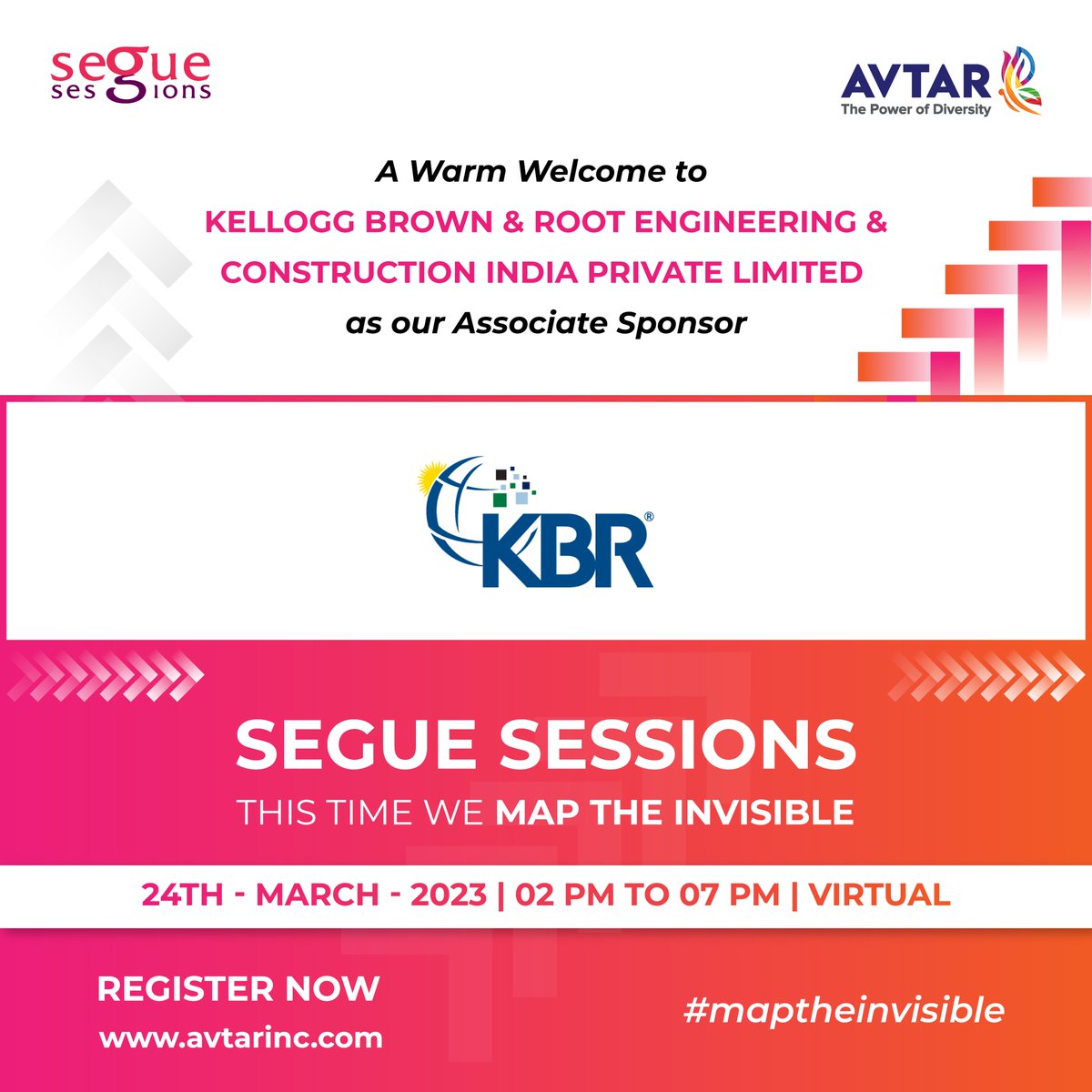 avtarcc's tweet photo. We are thrilled to welcome @KBRincorporated as our Associate sponsor for Segue Sessions 2023. Welcome to a one-of-a-kind conference that aims to #MapTheInvisible for women professionals to grow and advance in their careers. https://t.co/ZS1nu0CA3V