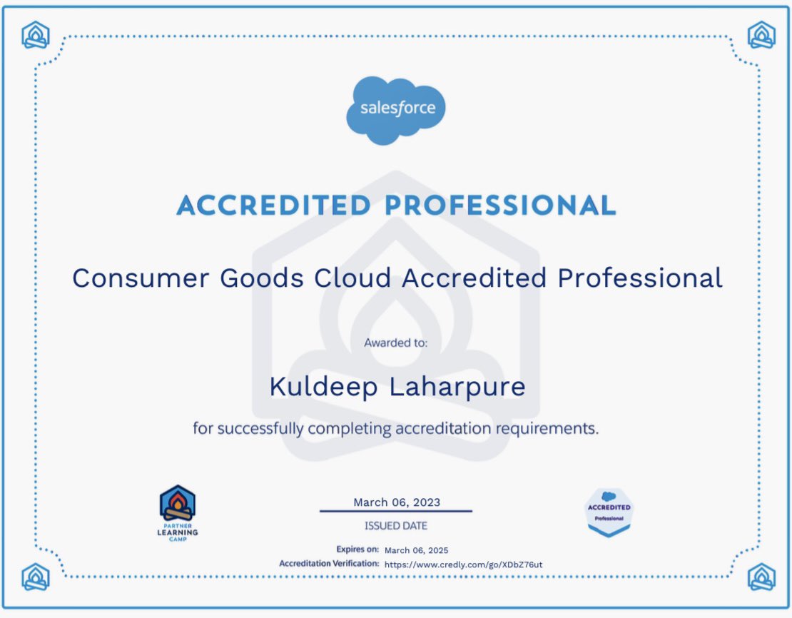Delighted to share that I’ve earned my first Salesforce Accredited Professional Credentials. 

Thanks to <a href="/partnerforce/">Salesforce Partners</a> community to provide such a rich content to gain Salesforce products knowledge.

#salesforce #consumergoods #trailhead #cognizant