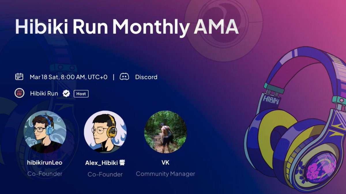 HibikiRunTeam's tweet photo. 📢🎙️ We're having an AMA coming up❗️

Have any questions for the Founders of Hibiki Run❓😉
List them below❗️📝🤗

🗓️ March 18th - 08:00 (UTC) Mar 18 🗓️
#HibikiRun #AMA #NFTGame https://t.co/VA1NcCDSOz