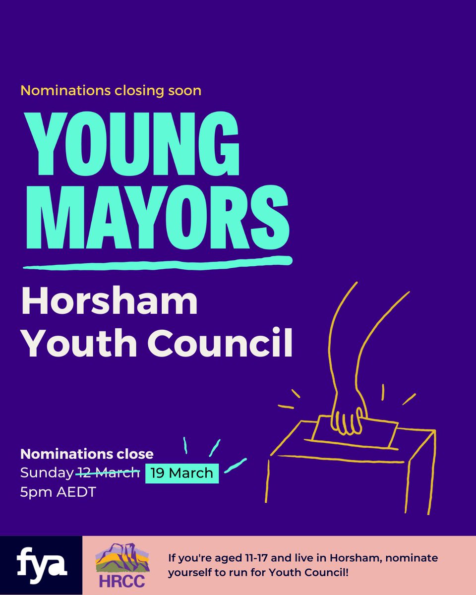 The opportunity to join Horsham City Youth Council 2023 has been extended by a week! If you're passionate about taking action that reflect the concerns, needs, and desires of young people in Horsham apply now! ⏰ Nominations close 19 Mar 👉 fya.org.au/young-mayors-h…