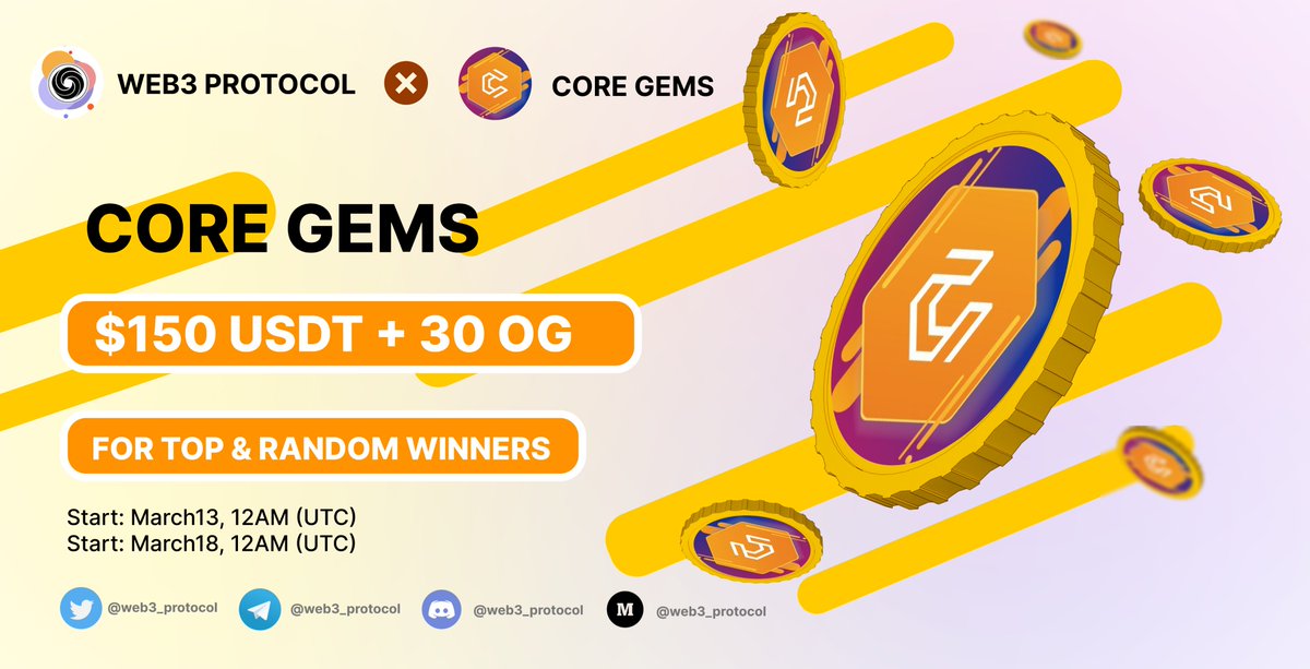 🎉Web3 Protocol X CoreGems Giveaway

 🏆Prize Pool:- $150 USDT + 30 OG (FCFS)

To Enter:- 

✔️Follow  <a href="/Web3_Protocol/">Web3 Protocol</a> &amp; @corechaingems
✔️Like and RT 3 friends
✔️ Fill form :- giv.gg/coregems 

#Airdrop #Giveaway #Giveaways #Airdrops #coregems