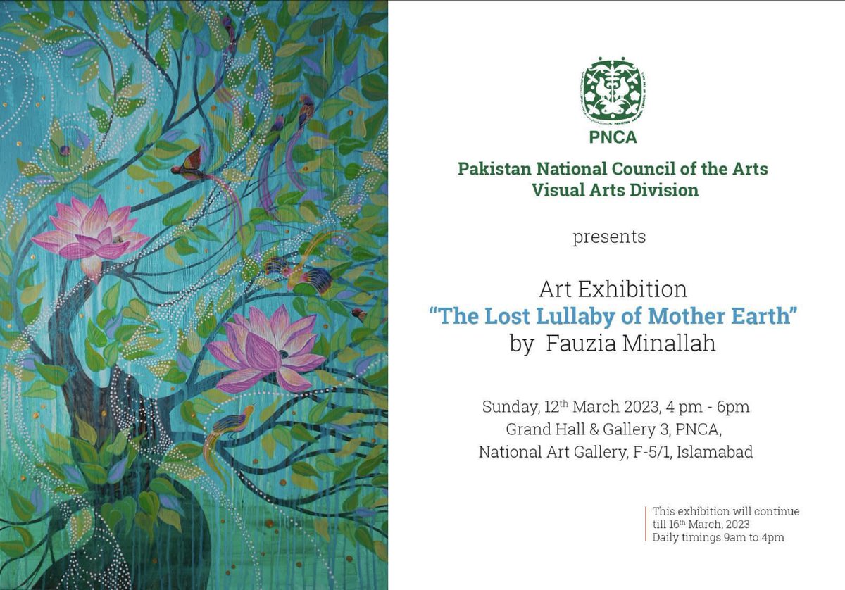 SajjadDiplomat's tweet photo. Great opportunity to support local artist . Exhibition by Fauzia Minallah “The Lost Lullaby of Mother Earth” at PNCA Islamabad. It will continue till 16 March 2023. https://t.co/vRgKhixPjQ