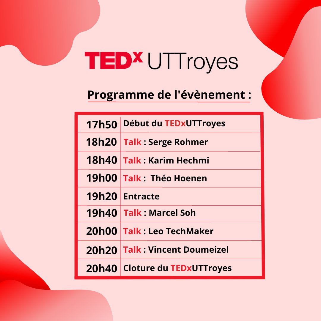 Ça y est le jour J approche alors voici un récapitulatif du programme de la soirée ! ☺️

Pour plus de détails sur chaque speaker n’hésitez pas à regarder nos posts précédent !😉

Si vous êtes intéressé vous pouvez toujours prendre vos places !