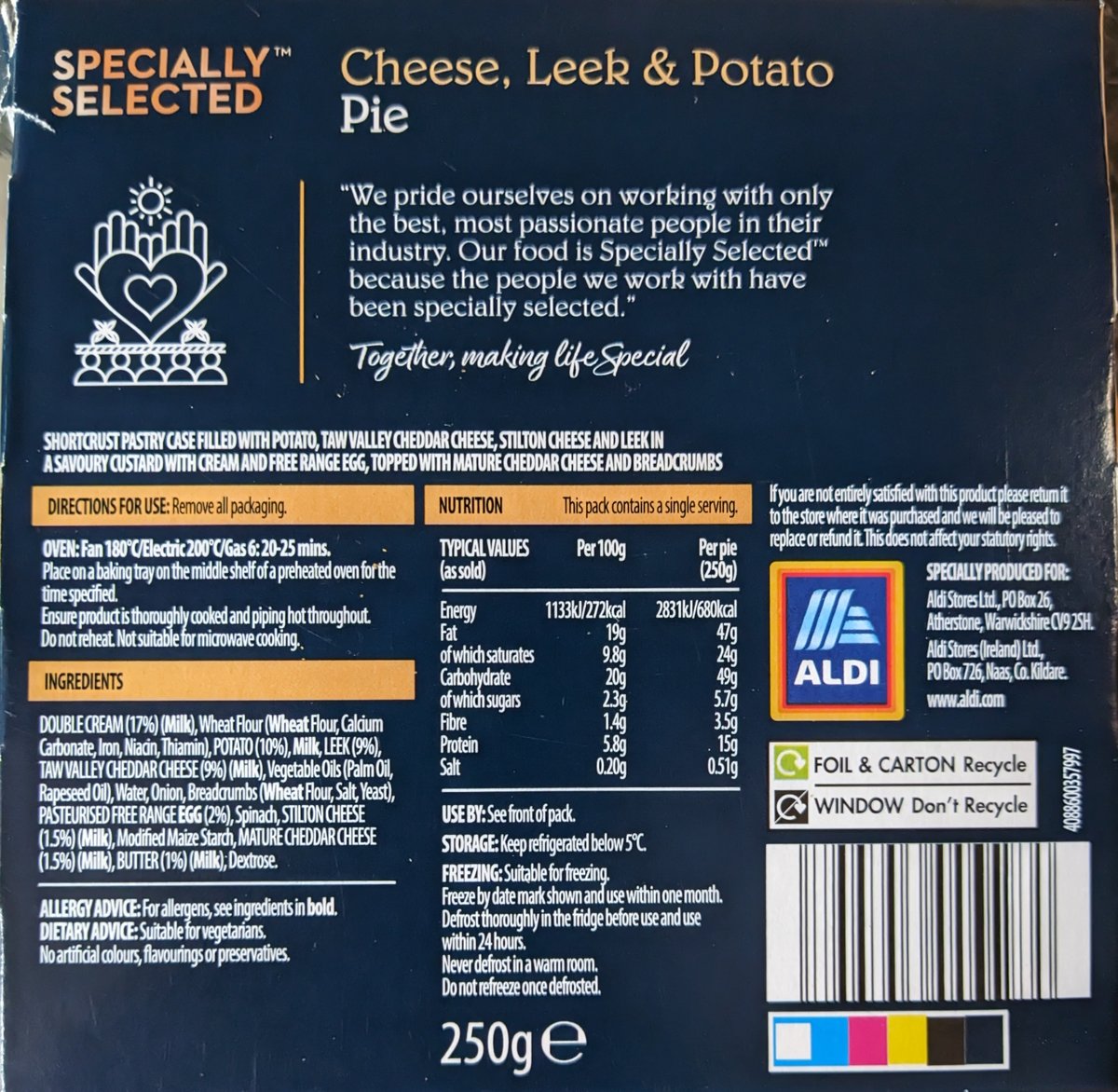 RPSeymour's tweet photo. @AldiUK 
Hi
We love your Pies. 🥧
We don't love the size of the text on your packaging. 🔍
Sorry, we are getting old &amp; our eyesight is failing. 

Just a little suggestion to help be able to read easier.
Move the graphic and bio piece to the box side. https://t.co/vOZBRB5DGC