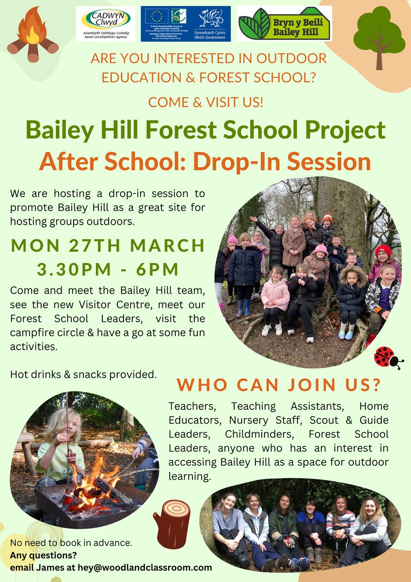 Are you interested in outdoor education and Forest School?
Come along to our Bailey Hill Forest School Project - After School: Drop-In Session. 
Monday 27th March - 3.30pm to 6pm

<a href="/CadwynClwyd/">Cadwyn Clwyd</a> @WoodlandClassroom <a href="/moldtowncouncil/">MoldTownCouncil</a>