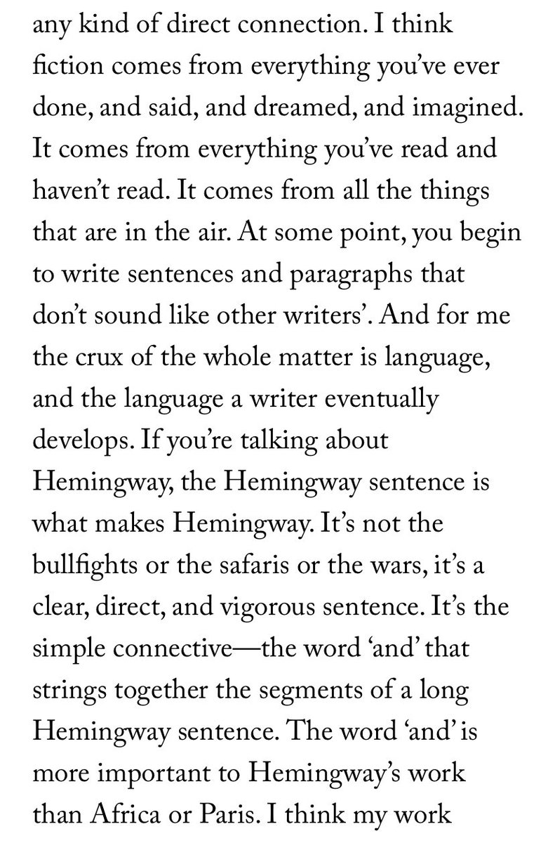 chris_power's tweet photo. Don DeLillo on where fiction comes from &amp; why the word ‘and’ is more important to Hemingway than Africa or Paris (from the @NewYorker’s 1997 profile) https://t.co/Je8TVgcSWZ