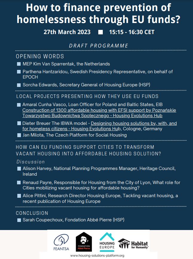 Housing Solutions Platform (@solutionhousing) on Twitter photo 🧵Join the discussion on March 27th at the European Parliament, hosted by MEP <a href="/kimvsparrentak/">Kim van Sparrentak</a> and co-organized by <a href="/FEANTSA/">FEANTSA</a>
<a href="/HousingEurope/">Housing Europe</a> <a href="/Habitat_org/">Habitat for Humanity</a> and <a href="/Abbe_Pierre/">Abbé Pierre</a> on financing prevention of homelessness through EU funds.
To register: bit.ly/3LhRpXE 🧵Join the discussion on March 27th at the European Parliament, hosted by MEP <a href="/kimvsparrentak/">Kim van Sparrentak</a> and co-organized by <a href="/FEANTSA/">FEANTSA</a>
<a href="/HousingEurope/">Housing Europe</a> <a href="/Habitat_org/">Habitat for Humanity</a> and <a href="/Abbe_Pierre/">Abbé Pierre</a> on financing prevention of homelessness through EU funds.
To register: bit.ly/3LhRpXE