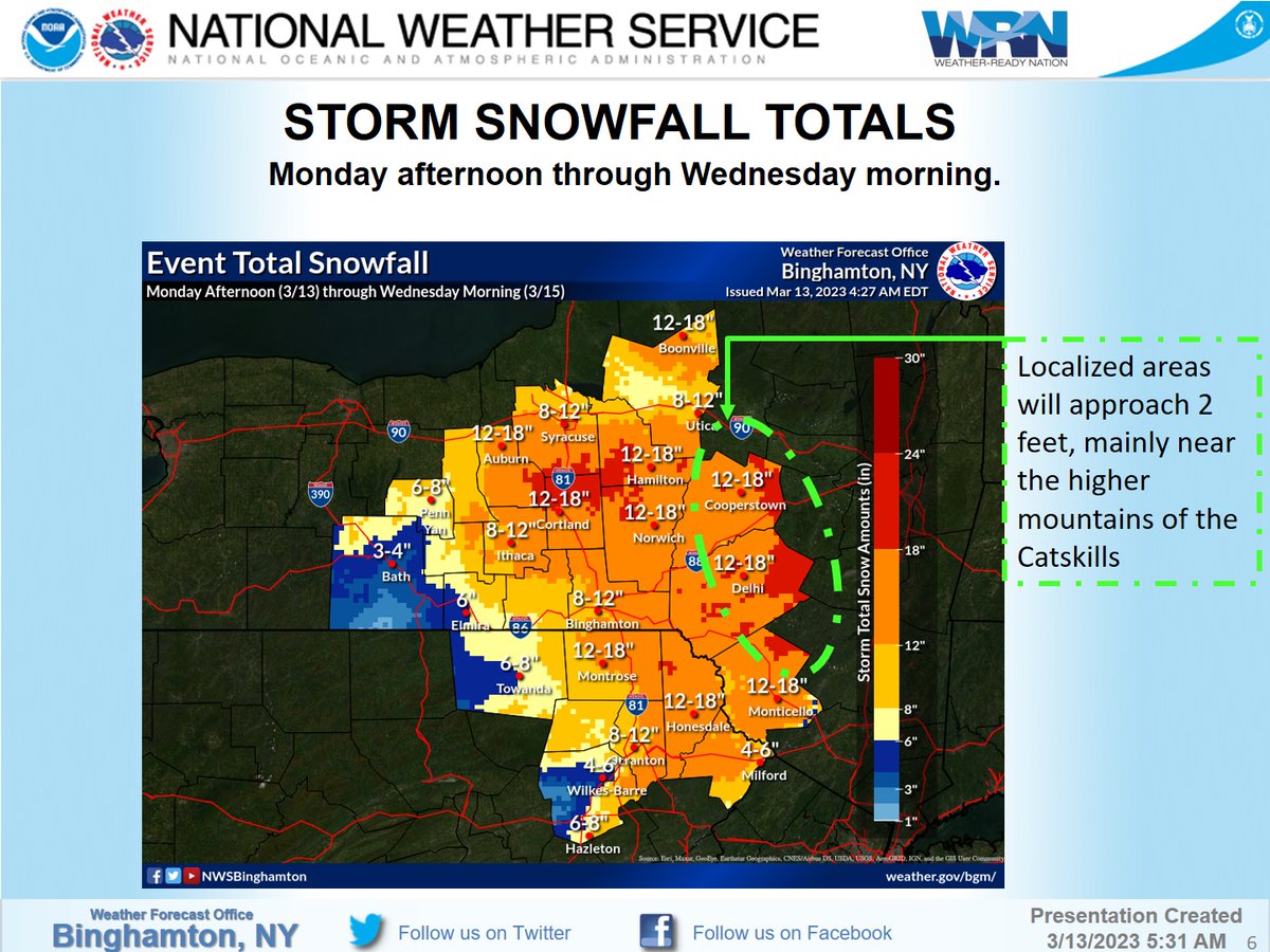 Here's the latest Storm Total Snowfall forecast for Mon-Wed A.M. Note, mostly rain/snow showers with little accumulation through the day today (Mon). The storm will really get going during the overnight hours into Tue morning. 
Briefing: 
weather.gov/media/bgm/publ…