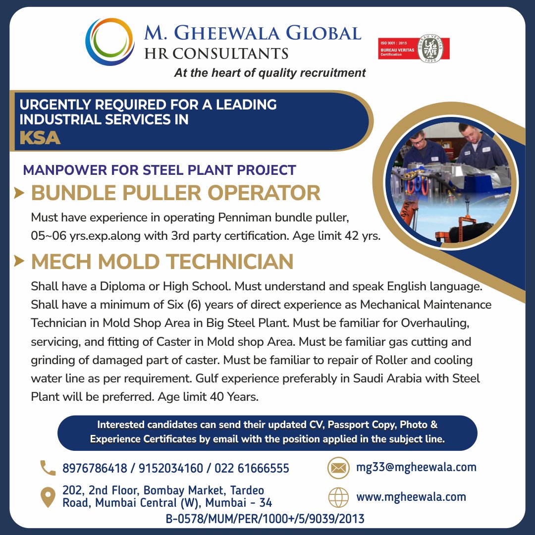 mgheewala_hrc's tweet photo. Job Vacancies for #saudiarabia

Interested Candidates can send the updated resume to mg33@mgheewala.com and join our telegram channel for more job opportunities https://t.co/gIY8cieXfA

#jobsinsaudiarabia #industrialservices #steelplant #bundlepulleroperator #mechmoldtechnician https://t.co/20yA6OSwGp