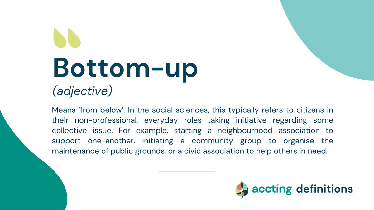 💡 What does bottom-up mean?
It usually refers to #citizens taking initiative regarding a collective issue.
<a href="/ACCTING_EU/">ACCTING</a> has mapped 693 inspiring bottom-up initiatives in 34 countries to analyse existing societal responses to the #EUGreenDeal. Read more: accting.eu/what-does-bott…