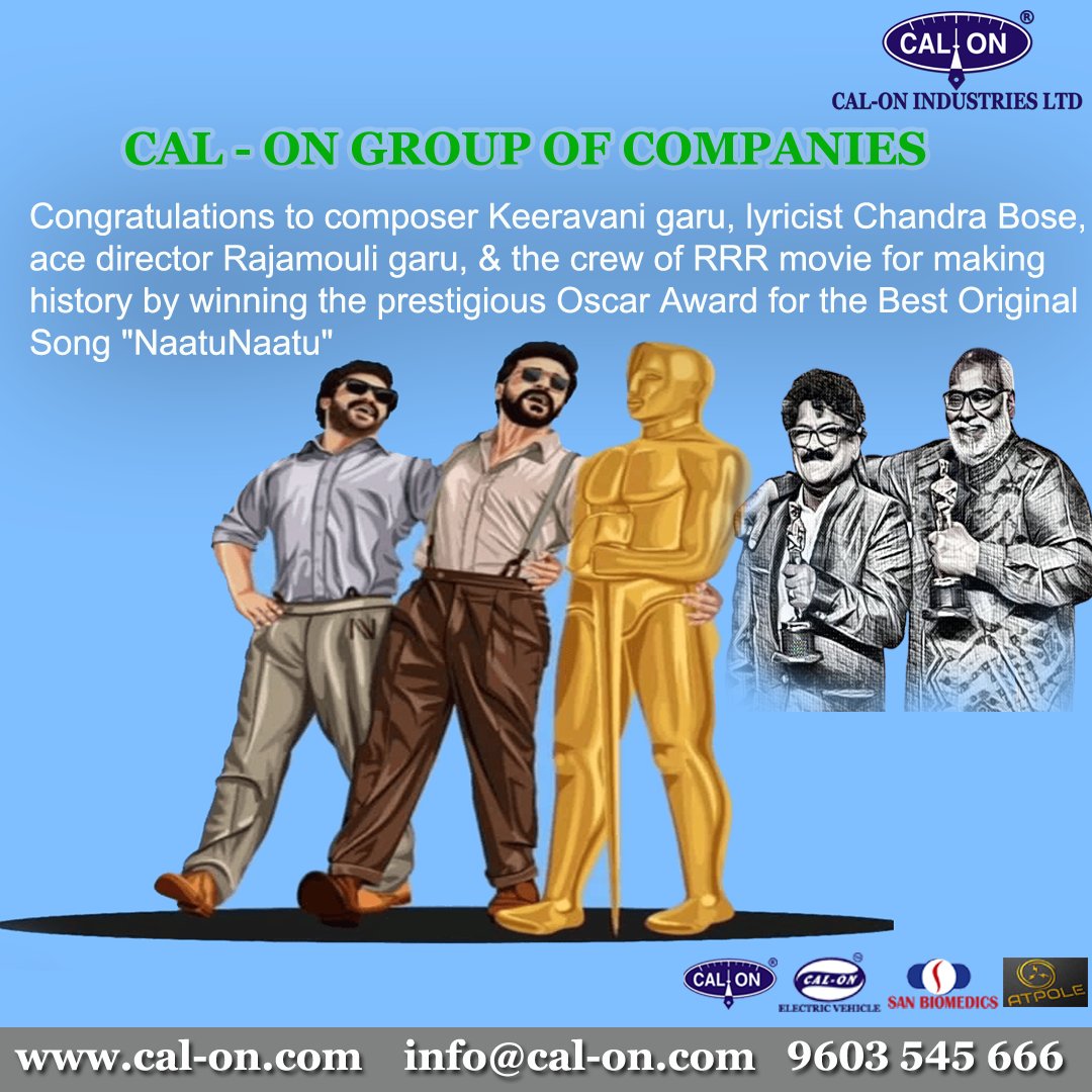 calonindustries's tweet photo. Congratulations to the whole team of RRR for winning the most prestigious award!! What an incredible achievement for making the whole country proud !!

From Cal-On Group of Companies
#NatuNatu #oscars #academyawards #naatunaatu  #mmkeeravani #NTR #RamCharan #SSRajamouli  #RRR👏 https://t.co/tafbwjsWuX