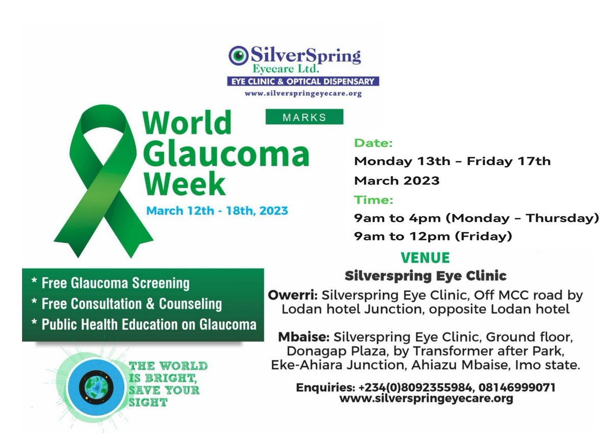 SilverspringEye's tweet photo. Share this with your friends and family,
This week is WORLD GLAUCOMA WEEK 2023.
We are marking it with Free Glaucoma Screening, consultation, counseling &amp; education, to raise awareness about the silent thief of sight.
Don't miss this opportunity! 
Enquiries: (234) 08146999071 https://t.co/NYxuU7ONRZ