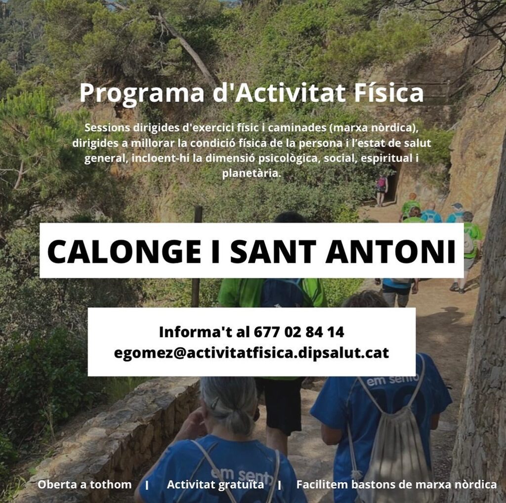 grsalut's tweet photo. ℹ️ Sessions d'exercici físic i caminades (marxa nòrdica) dirigides per professionals, destinades a millorar la condició física i l'estat general de salut de les persones, realitzades a través de l'entorn natural i urbà del municipi.

📍Calonge i Sant Antoni

✅Activitat gratuï… https://t.co/fRcY1YZbOz