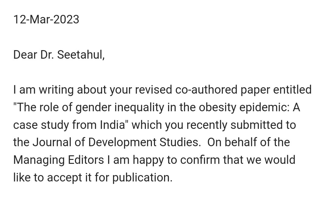 Best way to start the week! Thanks to wonderful co-authors Valentina Alvarez Saavedra and @LevasseurPierr1, our paper on #genderinequality and #obesity in India has been accepted for publication in @JDevStudies. 🥳