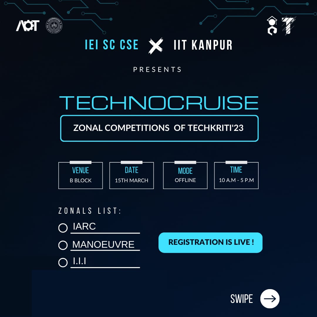 ieiaot's tweet photo. To make engineers job ready by introducing new technologies and engineering methodologies to them SC CSE X IIT Kanput presents Technocruise zonal competitions of Techkriti 2k23.
#sc_cse #technocruise_zonal_aot #innovation
#technology #Engineering #IOT #Bot  #rasberypi #IITKanpur https://t.co/BEQky3fkld