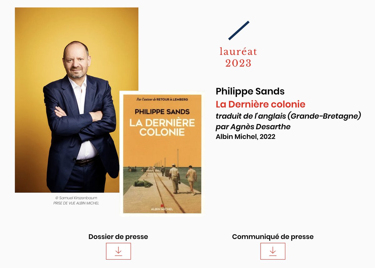 Gilles Gressani (@gillesgressani) on Twitter photo Une jolie nouvelle pour celles et ceux qui aiment les livres brillants.
Avec le jury présidé par <a href="/E_Roudinesco/">Élisabeth Roudinesco</a> nous avons décidé d'attribuer le Prix de la Contre-Allée 2023 @philippesands pour son sublime *La Dernière colonie* traduit par Agnès Desarthe, publié par <a href="/AlbinMichel/">Albin Michel</a>. Une jolie nouvelle pour celles et ceux qui aiment les livres brillants.
Avec le jury présidé par <a href="/E_Roudinesco/">Élisabeth Roudinesco</a> nous avons décidé d'attribuer le Prix de la Contre-Allée 2023 @philippesands pour son sublime *La Dernière colonie* traduit par Agnès Desarthe, publié par <a href="/AlbinMichel/">Albin Michel</a>.