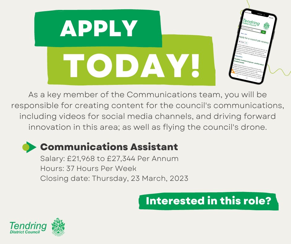Tendring_DC's tweet photo. Join our team and apply today!

We are delighted for Essex County Council (ECC) to be supporting us as we are looking to recruit a Communications Assistant.

https://t.co/qOjZI32WiM https://t.co/9GhcG4qqkz