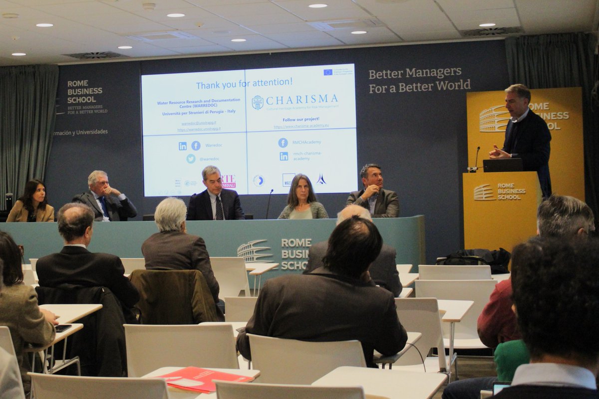 RomeBusinessSch's tweet photo. At our campus, The Charisma  Project team presented PR1: "Study on risk assessment and management of cultural heritage across Europe."
The event focused on the issues of #climatechange and its impact on the conservation of #cultural heritage and included important speakers. https://t.co/F02CD7LUlE
