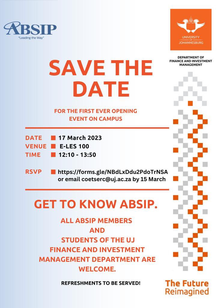 UjAbsip's tweet photo. Our first ever opening event for UJ ABSIP. 
Save the date !! https://t.co/PoQB5NbrLr