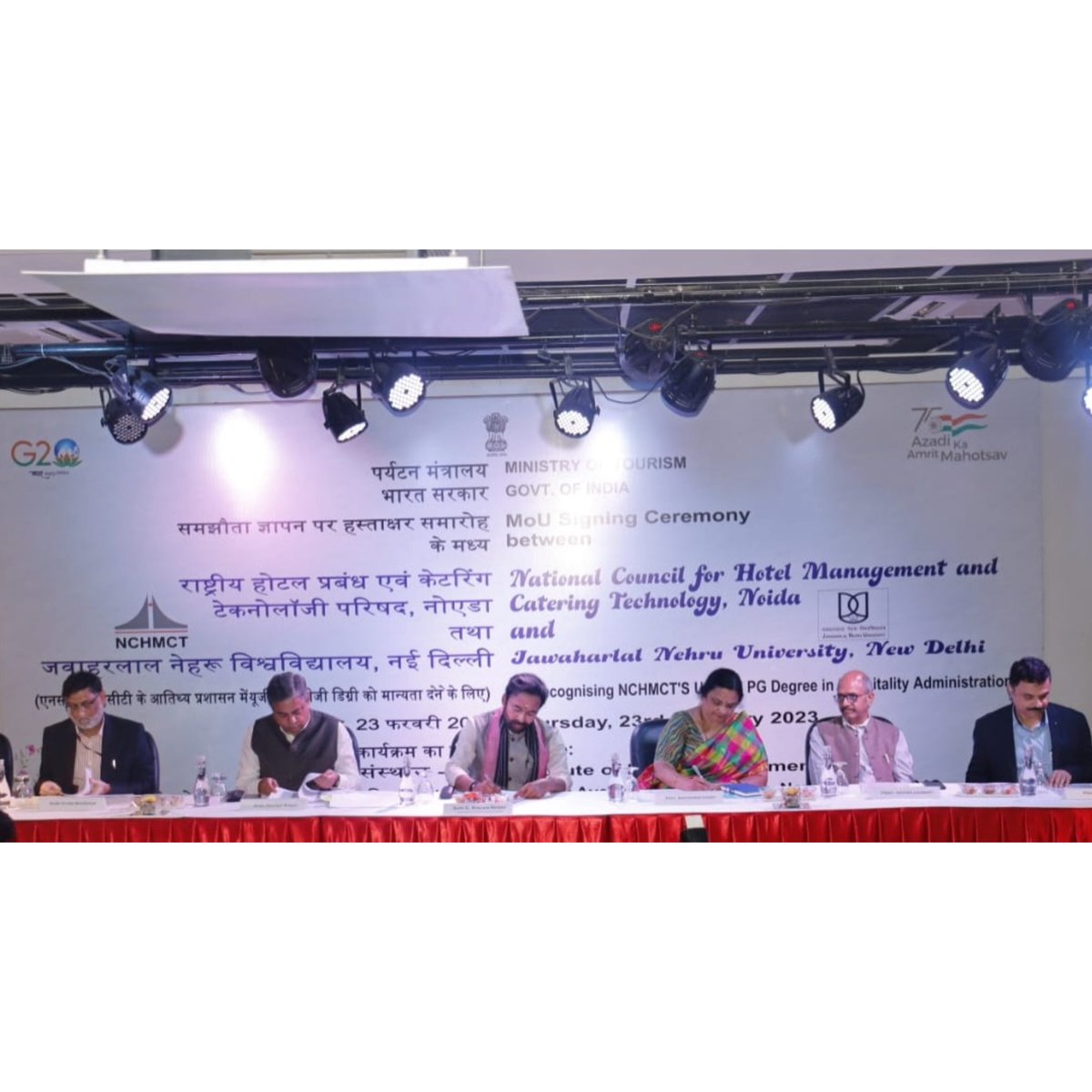 ChitkaraU's tweet photo. Chitkara School of Hospitality, @ChitkaraU is excited to announce a significant achievement. The National Council for #HotelManagement and #CateringTechnology (NCHMCT) under the #MinistryofTourism, Government of India has signed a #MoU with @JNU_official_50, New Delhi. The MoU was signed in the presence of Shri @KishanReddyOfc Minister of Tourism, #Culture, and #DoNER.