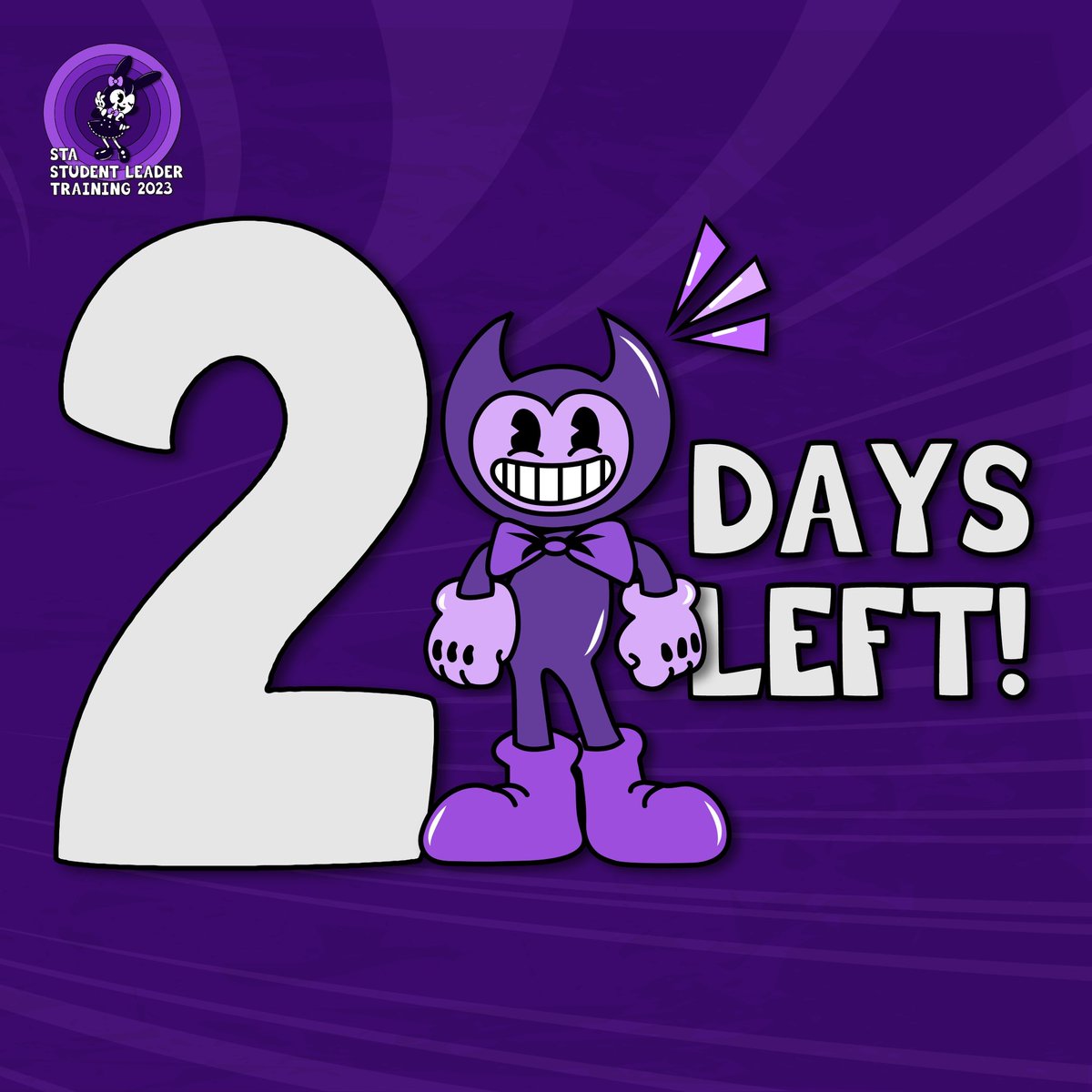 ClubGenerateSTA's tweet photo. Bendy says that we’re 2 DAYS AWAY from STA Student Leader Training 2023!🤭 Are you excited? Because we are!💜 We’ll see you in 2 DAYS!🎉 #STAxPS2023 https://t.co/NkgV6cScTU