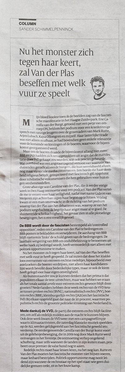 marcelbar8's tweet image. Nog nooit was ik het zó eens met de column van Sander Schimmelpenninck. 
Caroline van der Plas krijgt bedreigingen uit extreemrechtse hoek aangejaagd door Gideon van Meijeren. 
En voor mij is 't onbegrijpelijk dat de VVD de PVV en Forum nog steeds niet uitsluit in de provincies.