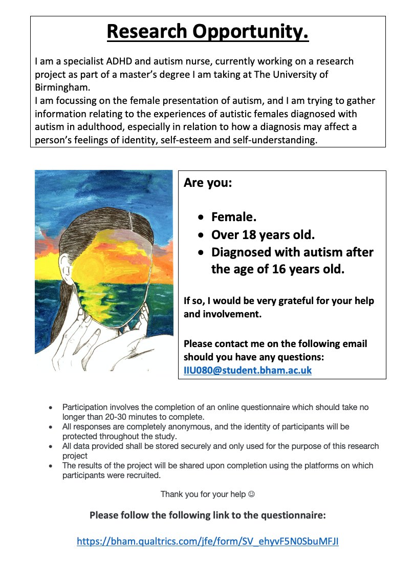 I am trying to gather information relating to the experiences of autistic females diagnosed with autism in adulthood, can you help? #autistic #autisticgirls #autisticfemales #autisticwomen #Autism 

bham.qualtrics.com/jfe/form/SV_eh…