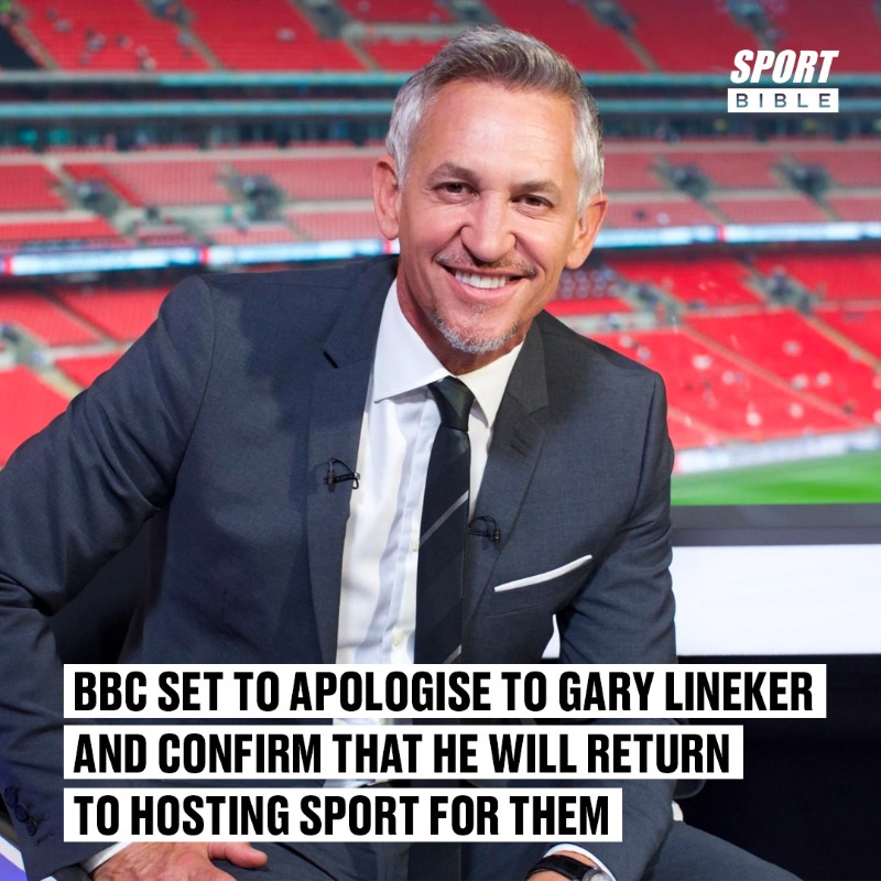 sportbible's tweet photo. Gary Lineker is set to return to presenting sport on the BBC after he was taken off air following his criticism of the government's migration policy.