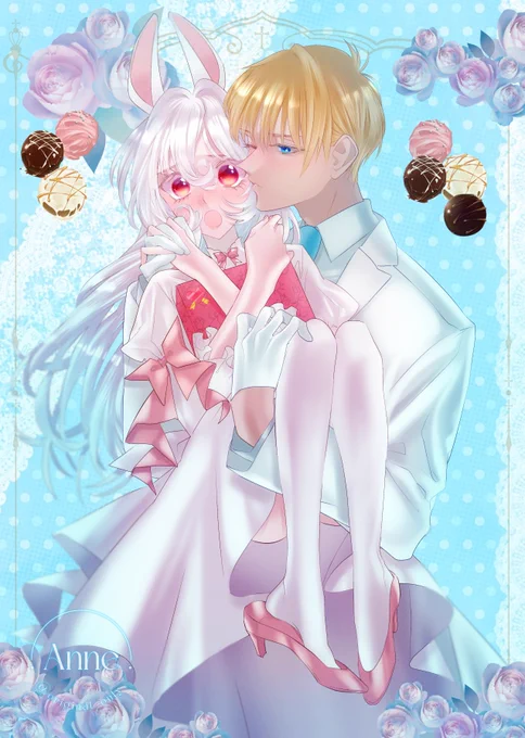 愛しのうさぎのおひめさま  #ホワイトデー #Whiteday #ホワイトデーは銀髪白髪を愛でる日 #創作男女 #カップルイラスト