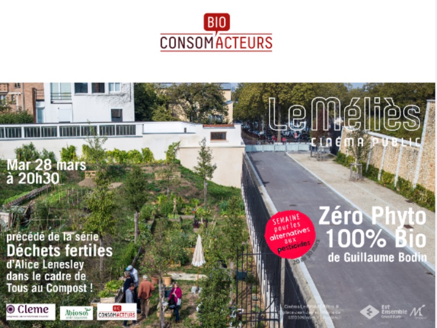 Alter_Pesticide's tweet image. 🎥À l'occasion de la #SPAP2023, nos amis de @bioconsomacteur organisent un ciné-débat au #Méliès #Montreuil, le 28 mars à partir de 20h, en partenariat avec #EstEnsemble.
Au programme : projections de courts métrages « Déchets fertiles » et de @0phyto100bio de @gui_bodin