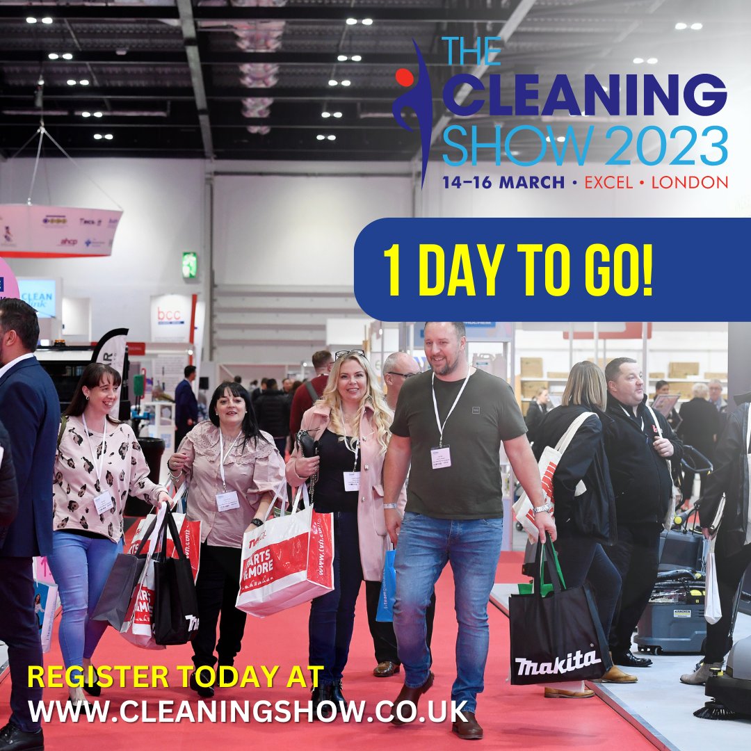 TheCleaningShow's tweet photo. 𝓣𝓱𝓮 𝓒𝓵𝓮𝓪𝓷𝓲𝓷𝓰 𝓢𝓱𝓸𝔀 - 1 𝓭𝓪𝔂 𝓽𝓸 𝓰𝓸

Only 1 day left! Until we open the doors and re-unite the Cleaning &amp; Hygiene sectors at The Cleaning Show from 14 -16 March at ExCel, London.

You can still register for FREE:  https://t.co/4EGTHg1gPe

#thecleaningshow #tcs23 https://t.co/zNXadtujpH