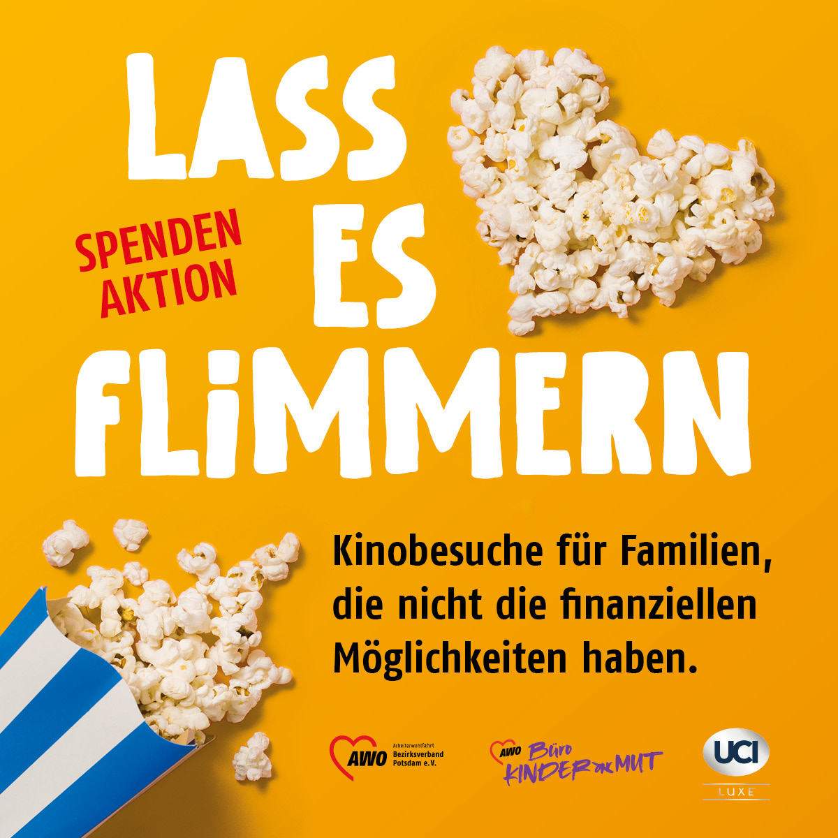 DominikSteuben's tweet photo. Auch in Deutschland geht es vielen Familien finanziell nicht gut. Arbeitslosigkeit, eine verbesserungswürdige Sozialpolitik, Erkrankungen, niedrige Löhne... die Gründe hierfür sind mannigfaltig.

Wir wollen helfen! 🫶
Als #AMC Community, als #GermanApes 🇩🇪🦍, als Menschen die ggf. mehr finanziellen Spielraum haben. 

Eine kleine unbeschwerte Auszeit aus dem Alltag ist keine Lösung, aber es hilft durchzuhalten, die Phantasie anzuregen, ein gemeinsames Erlebnis zu teilen. Im Kino 📽️ kann man zeitweise in eine andere Welt eintauchen, gemeinsam lachen, sich mit seinen persönlichen Helden identifizieren, neuen Mut schöpfen.
Mit einem leckeren Kinosnack 🍿🧋: Ein tolles Erlebnis. (Leider gibt es in Deutschland kein oder "noch" kein #AMCPerfectlyPopcorn - aber auch das Popcorn des UCI Potsdam ist frisch, handgemacht und hervorragend).

Daher wurde in Kooperation mit der @AWO_Potsdam [Büro Kinder(ar)MUT] dem @UCICinemas / UCI Luxe Potsdam (ein Tochterunternehmen von @AMCTheatres ) die Aktion "Lass es flimmern" ins Leben gerufen.  Diese Aktion ermöglicht armutsbetroffenen Familien aus Potsdam einen gemeinsamen Kinobesuch (inkl. Snack).

Kinos sind nicht tot. Sie sind eine Art Kulturgut. Kinos und die Filmindustrie sind Arbeitgeber für viele tolle, serviceorientierte und kreative Menschen. Durch Corona ging diese Branche durch eine schwere Zeit. Auch diesen Menschen kommt die Aktion somit indirekt zu Gute. 

Alle Beteiligten würden sich daher sehr über eure Spenden freuen:
https://t.co/H06Q2Vv5r4

Vielen Dank an alle, die Unterstützung leisten 🙏