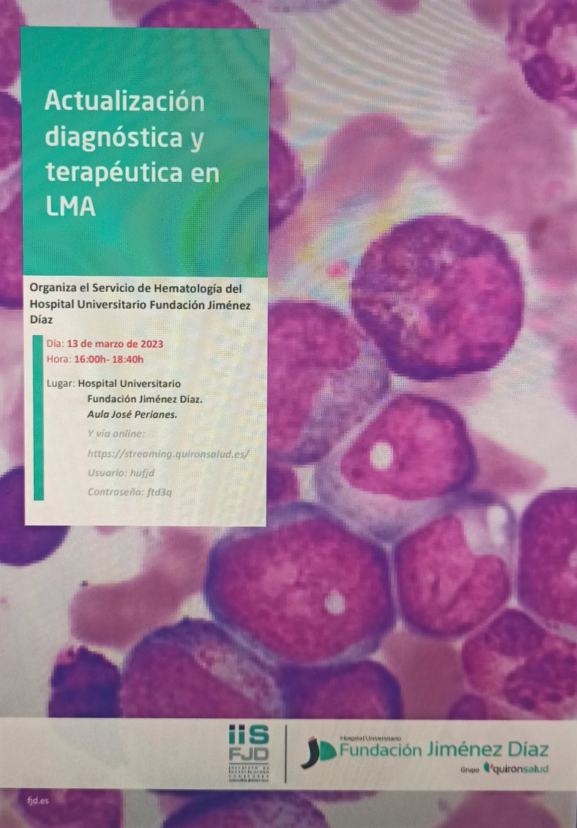 Actualización diagnostica y terapéutica en LMA. Día 13 de marzo de 2023 de 16:00-18:00 en la FJD. Formato mixto (presencial y streaming a través de la plataforma Quirón salud que aparece en el programa). No os lo podéis perder!Os esperamos🔬🧬
#acutemyeloidleukemia #hematology