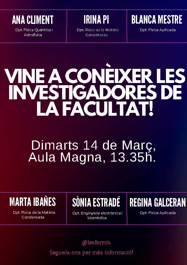 No us perdeu demà l'activitat de les companyes de @lesfermis en la que tindreu l'oportunitat de conèixer diferents investigadores de <a href="/FisicaUB/">Facultat de Física UB</a>!😍👏

👉Incloent a l'<a href="/a_climent13/">Ana Climent</a>, investigadora de l'<a href="/ICC_UB/">ICCUB</a> especialitzada en gravetat clàssica i quàntica!

🗓️14 de març, 13:35h

#8M