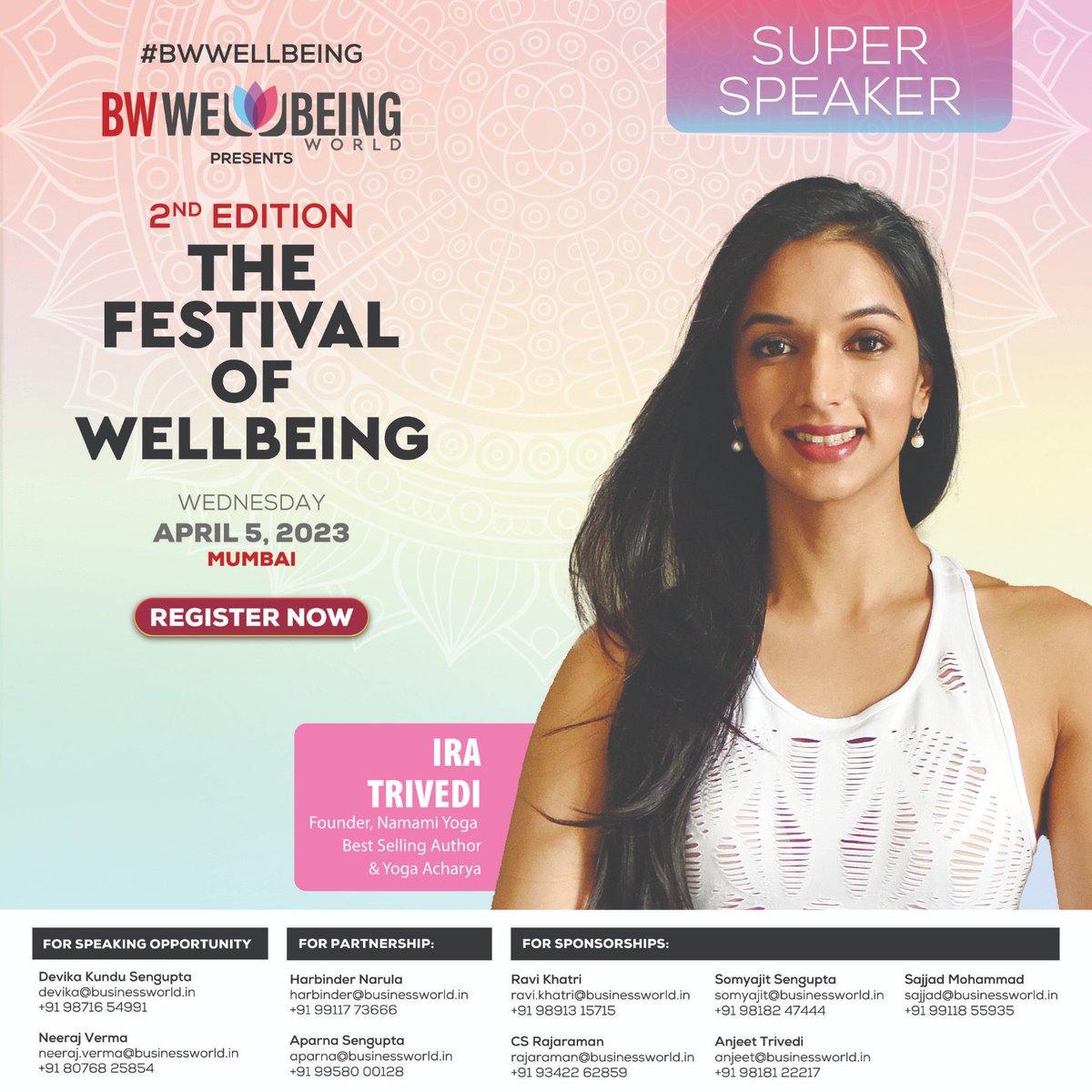 BW Businessworld (@bwbusinessworld) on Twitter photo Nurture your mind, body, and soul
Block your seats now: bit.ly/BWWellbeing40u…
We are thrilled to announce that <a href="/iratrivedi/">Ira Trivedi</a>, Founder, Namami Yoga, Best Selling Author & Yoga Acharya will be speaking at the 2nd edition of #BWFestivalofWellbeing 2023 Nurture your mind, body, and soul
Block your seats now: bit.ly/BWWellbeing40u…
We are thrilled to announce that <a href="/iratrivedi/">Ira Trivedi</a>, Founder, Namami Yoga, Best Selling Author & Yoga Acharya will be speaking at the 2nd edition of #BWFestivalofWellbeing 2023