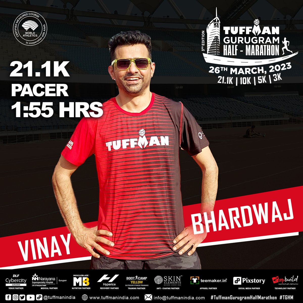 TuffmanIndia's tweet photo. Join Vinay Bhardwaj at the #TuffmanGurugramHalfMarathon (3rd Edition) on 26th March, 2023 ๐๐ป
#TGHM #TuffmanGurugramHM #TGHM2023 #AIMSWorldRunning
1/6 https://t.co/VFPKC7lzb4