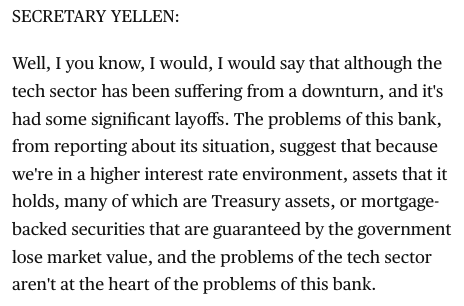 balajis's tweet photo. Yellen admits it.
SVB’s issues weren’t due to banking tech.
SVB’s issues were due to buying Treasuries!!
https://t.co/0fav7Gq1T8 https://t.co/ugJdWX259S