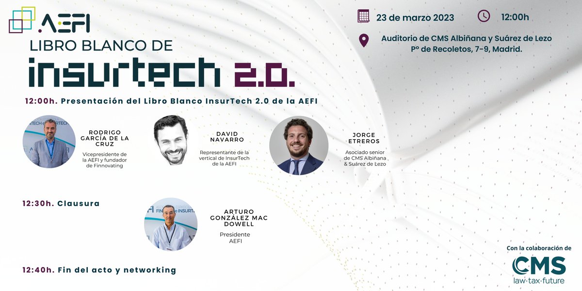 asocfintechins's tweet photo. ⌛⌛ ¡En 10 días presentamos el #LBInsurTech 2.0 de la @asocfintechins !
📅 23 de marzo 2023
⌚12:00h
📍Auditorio @CMS_Spain
🔗 Inscripciones
https://t.co/KGs7I0AGQI https://t.co/Fr4aQNYfuS