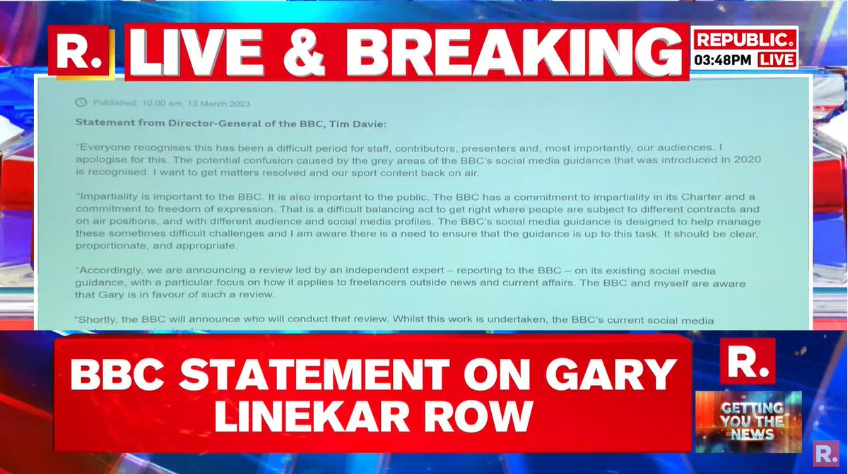 republic's tweet photo. #BREAKING | First statement of BBC on Gary Linekar controversy.
#BBC #GaryLinekar #GaryLinekarControversy
Tune in to-
https://t.co/ge3J2OW61a https://t.co/dTN1HEhaQw