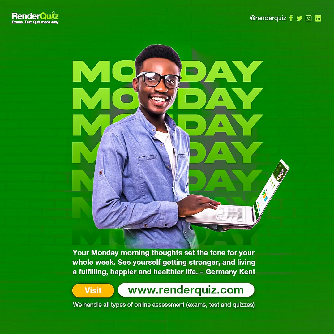 Renderquiz's tweet image. MONDAY MOTIVATION.!!💪
Set the right tone for this week in your online exams, tests and quizzes.

Visit renderquiz.com to register for a free account and get started.

#onlineexams #onlinetest #onlinequizzes #onlinerecruitment
#college #schools #renderquiz