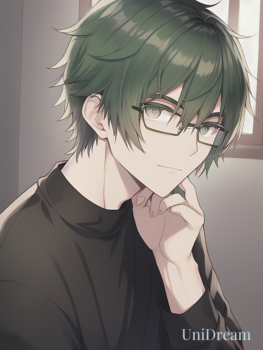 1boy male focus glasses solo green hair green eyes shirt  illustration images