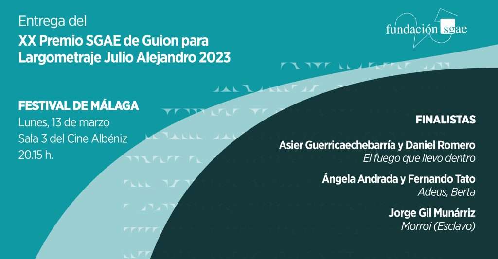 sgaeactualidad's tweet photo. Esta tarde estaremos en el @festivalmalaga con el 🏆ganador/es del  XX Premio SGAE de Guion para Largometraje #JulioAlejandro 2023 de @fundacionsgae 

🤞¡Suerte para #ÁngelaAndrada y @fernandotato14; #AsierGuerricaechebarría y @SrDanielRomero
 y #JorgeGilMunárriz ! https://t.co/v9xcXpdxYX