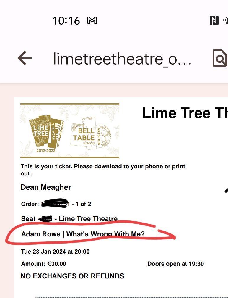 Tickets for <a href="/adamrowecomedy/">Adam Rowe</a> in Limerick asorted. Now to wait until Jan. Luckily we have the <a href="/Haveawordpod/">Have A Word</a> live show and <a href="/DanHasAPodcast/">Dan Nightingale</a> to fill the gap.